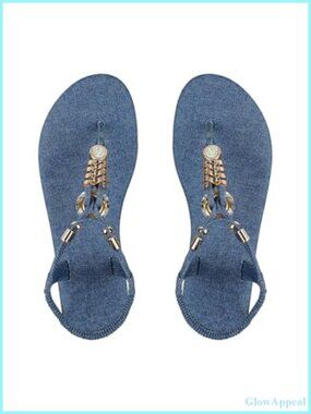 Rhinestone Denim Ankle Strap T-Strap Sandals Cushioned Slip On Beach